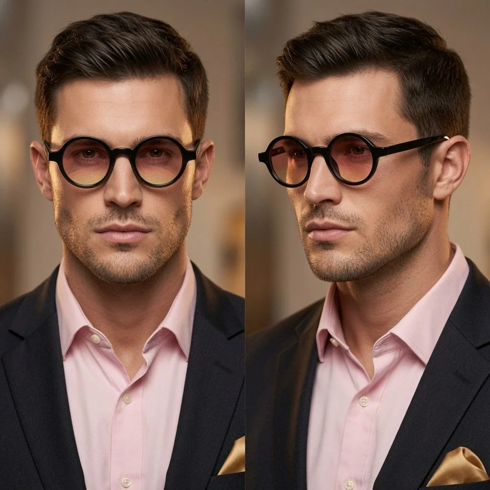 Mens Round Thick Black Frame Sunglasses Sunset Gradient Lens Retro Vintage Style